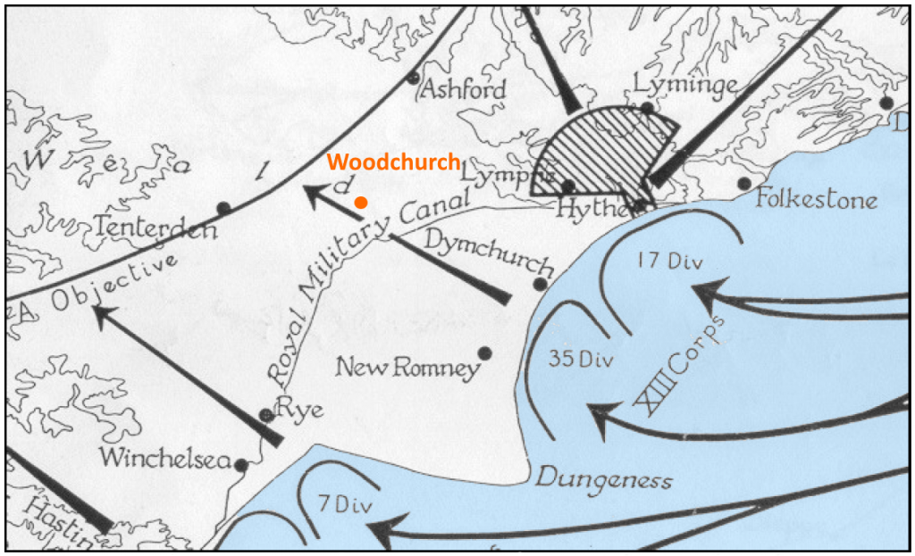 Defence Area 36 and lines of attack. The shaded area is a drop zone for parachute infantry.