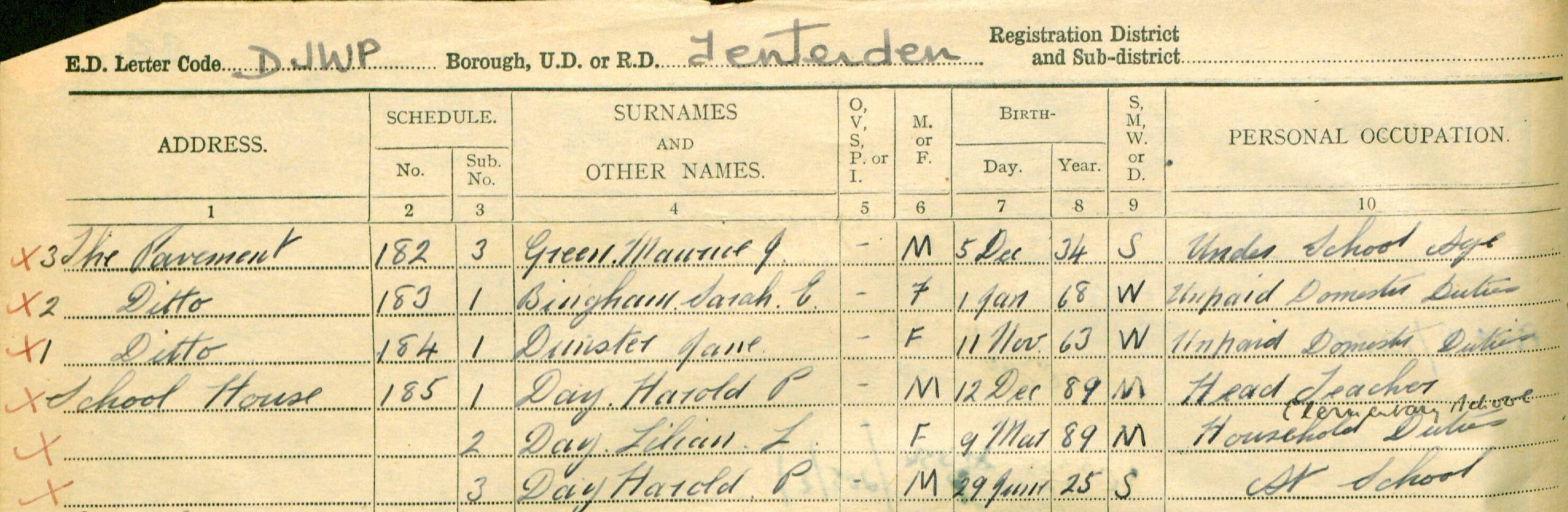 Extract from the 1939 Register for Woodchurch (©The National Archives)